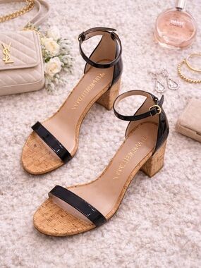 Stuart Weitzman Black Patent Cork Block Heel Sandals Size 10 Ankle Strap